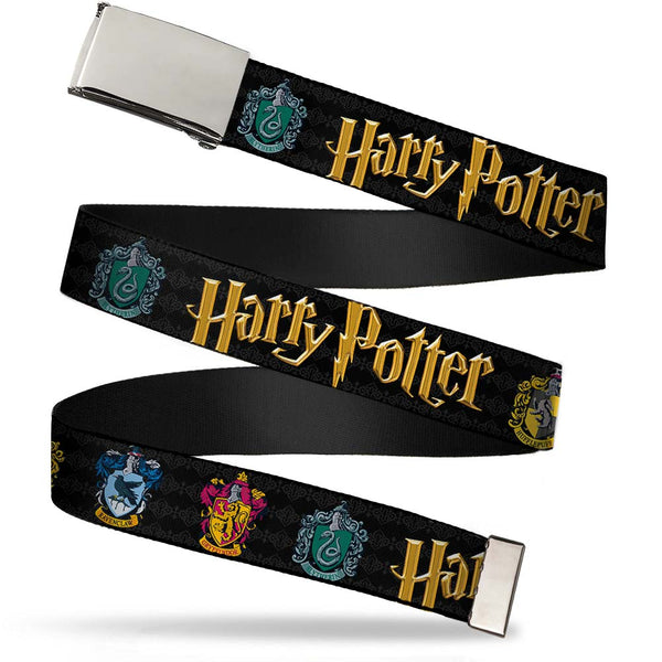 Buckle-Down Chrome Buckle Web Belt - HARRY POTTER Hufflepuff/Ravenclaw/Gryffindor/Slytherin Coat of Arms Black Webbing