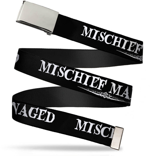 Buckle-Down Chrome Buckle Web Belt - Harry Potter MISCHIEF MANAGED Black/White Webbing