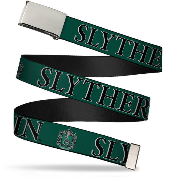 Buckle-Down Chrome Buckle Web Belt - Harry Potter SLYTHERIN & Crest Green/Black Webbing