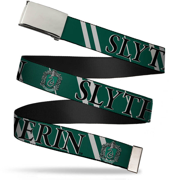 Buckle-Down Chrome Buckle Web Belt - Harry Potter SLYTHERIN Stripe Green/Gray Webbing