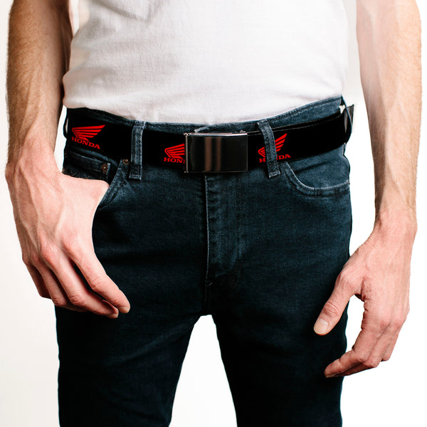 Buckle-Down Chrome Buckle Web Belt - HONDA Motorcycle Logo Black/Red Webbing