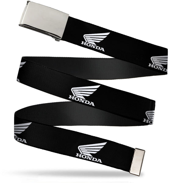 Buckle-Down Chrome Buckle Web Belt - HONDA Motorcycle Logo Black/White Webbing