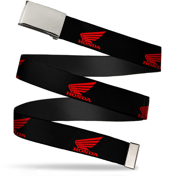 Buckle-Down Chrome Buckle Web Belt - HONDA Motorcycle Logo Black/Red Webbing