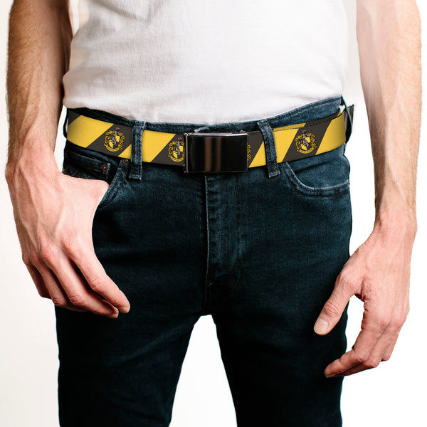 Buckle-Down Chrome Buckle Web Belt - HUFFLEPUFF Crest Diagonal Stripe Charcoal Gray/Yellow Webbing