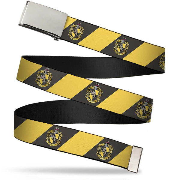 Buckle-Down Chrome Buckle Web Belt - HUFFLEPUFF Crest Diagonal Stripe Charcoal Gray/Yellow Webbing
