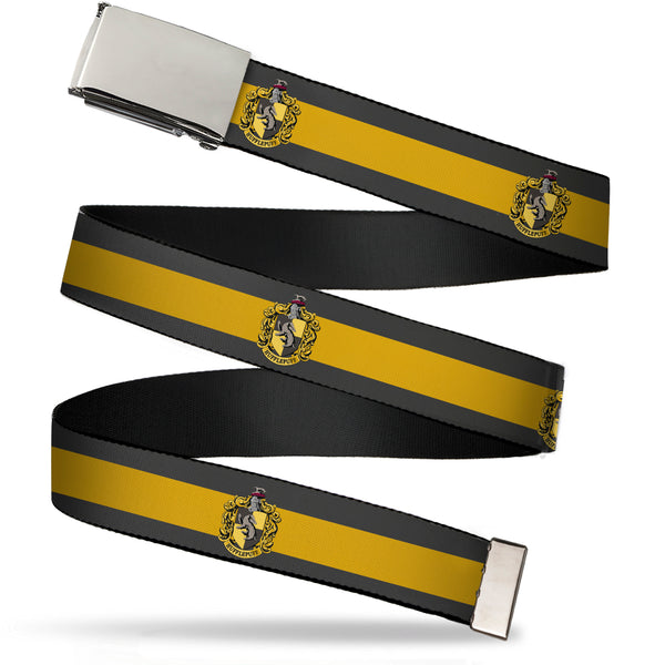 Buckle-Down Chrome Buckle Web Belt - HUFFLEPUFF Crest/Stripe9 Brown/Gold Webbing