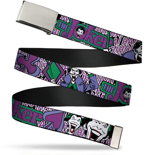 Buckle-Down Chrome Buckle Web Belt - Joker Face/Logo/Spades Black/White/Purple Webbing