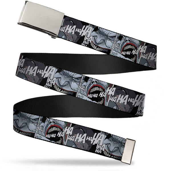 Buckle-Down Chrome Buckle Web Belt - Joker Laughing CLOSE-UP Black/White Webbing