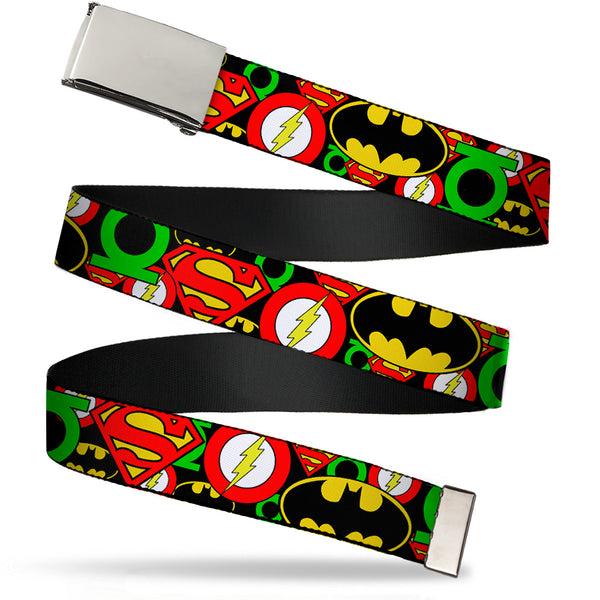Buckle-Down Chrome Buckle Web Belt - Justice League Stacked Logos Webbing