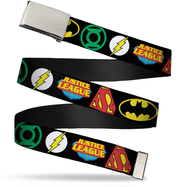 Buckle-Down Chrome Buckle Web Belt - Justice League Superhero Logos Black Webbing