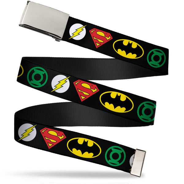 Buckle-Down Chrome Buckle Web Belt - Justice League Superhero Logos Webbing