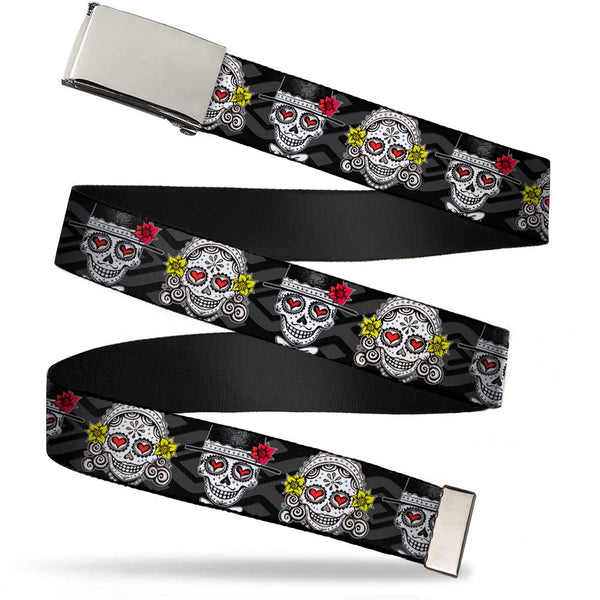 Buckle-Down Chrome Buckle Web Belt - Los Novios Black/Gray/White/Multi Color Webbing