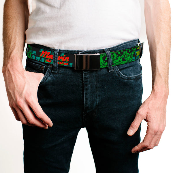 Buckle-Down Chrome Buckle Web Belt - MARVIN THE MARTIAN W/Poses Black/Turquoise Webbing