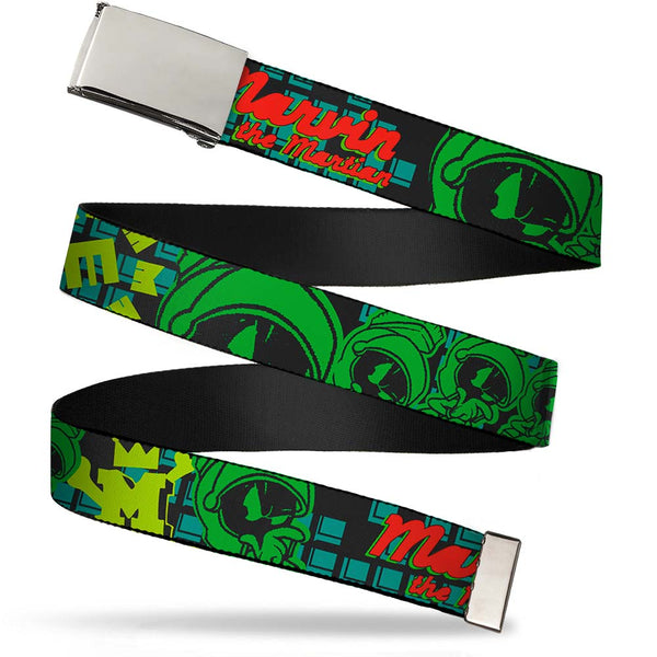 Buckle-Down Chrome Buckle Web Belt - MARVIN THE MARTIAN w/Poses Black/Turquoise Webbing