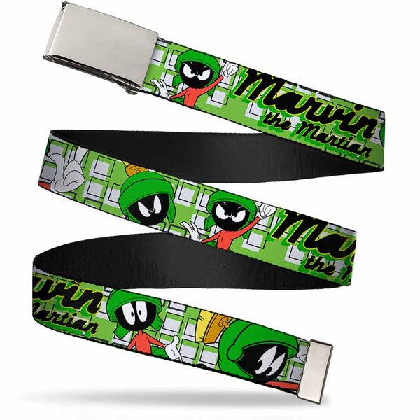 Buckle-Down Chrome Buckle Web Belt - MARVIN THE MARTIAN w/Poses White/Green Webbing