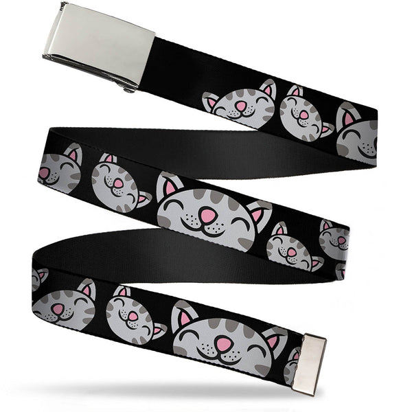 Buckle-Down Chrome Buckle Web Belt - Mutli Soft Kitty Face Black Webbing