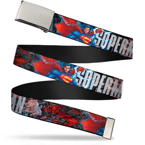 Buckle-Down Chrome Buckle Web Belt - New 52 SUPERMAN Poses/Shield/Comic Scenes Stacked Webbing