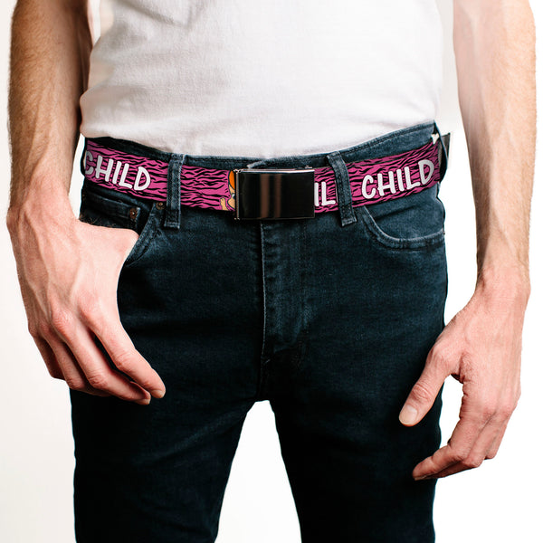 Buckle-Down Chrome Buckle Web Belt - Pebbles Face/Pose WILD CHILD Pink/Black/White Webbing