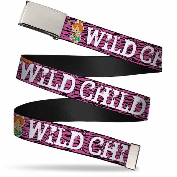 Buckle-Down Chrome Buckle Web Belt - Pebbles Face/Pose WILD CHILD Pink/Black/White Webbing