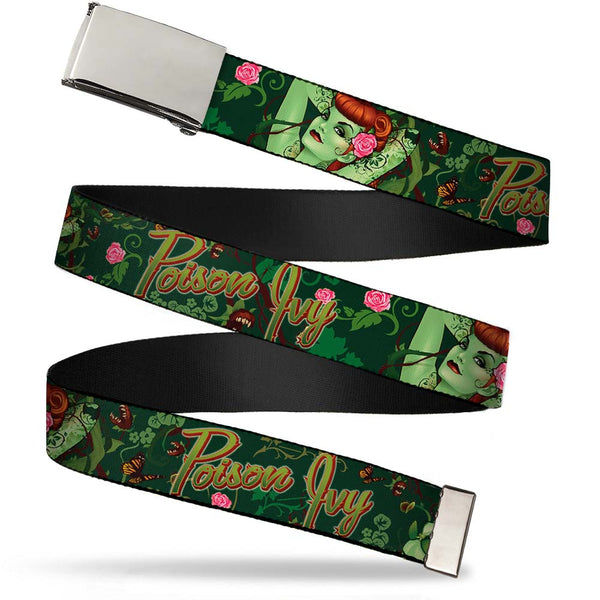 Buckle-Down Chrome Buckle Web Belt - POISON IVY Bombshell Poses Greens/Reds Webbing