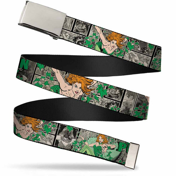Buckle-Down Chrome Buckle Web Belt - POISON IVY Poses/Comic Scenes Grays/Greens Webbing