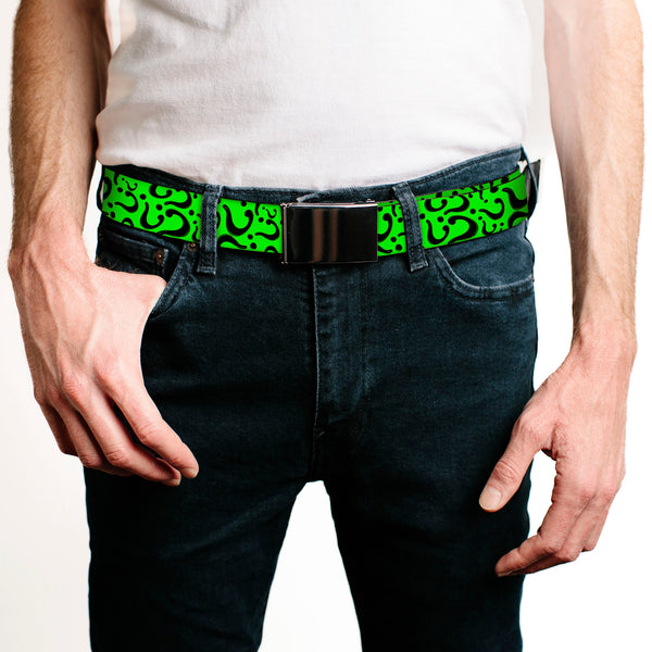 Buckle-Down Chrome Buckle Web Belt - Question Mark Scattered Lime Green/Black Webbing