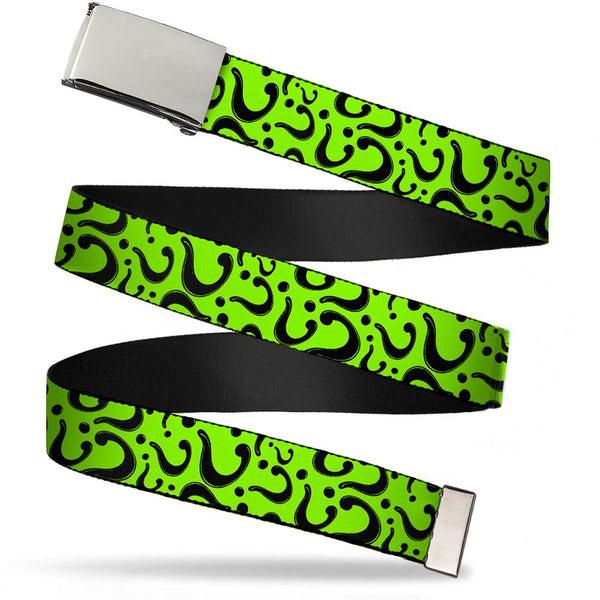 Buckle-Down Chrome Buckle Web Belt - Question Mark Scattered Lime Green/Black Webbing