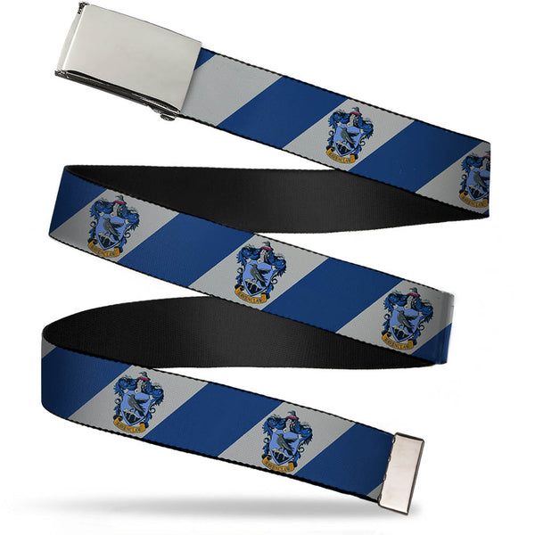Buckle-Down Chrome Buckle Web Belt - RAVENCLAW Crest Diagonal Stripe Gray/Blue Webbing