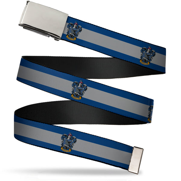 Buckle-Down Chrome Buckle Web Belt - RAVENCLAW Crest/Stripe8 Blue/Gray Webbing