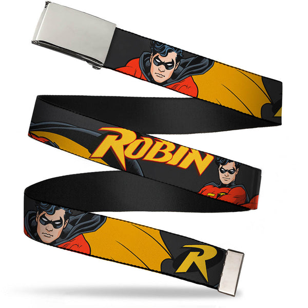 Buckle-Down Chrome Buckle Web Belt - ROBIN Red/Black Poses Gray Webbing
