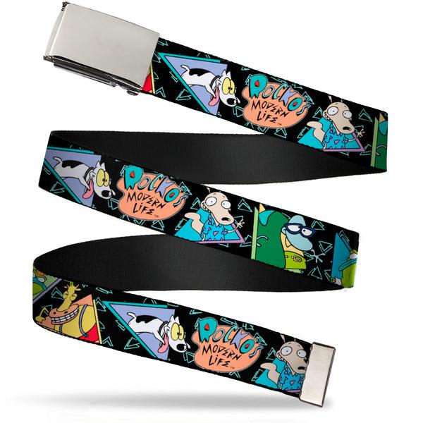 Buckle-Down Chrome Buckle Web Belt - ROCKO'S MODERN LIFE Character Portraits/Triangles Black/Blue Webbing