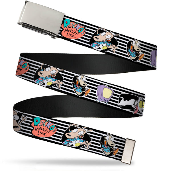 Buckle-Down Chrome Buckle Web Belt - ROCKO'S MODERN LIFE Rocko & Spunky Poses/TV Stripe Black/White Webbing