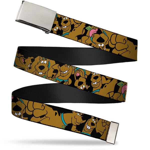 Buckle-Down Chrome Buckle Web Belt - Scooby Doo Stacked CLOSE-UP Black Webbing
