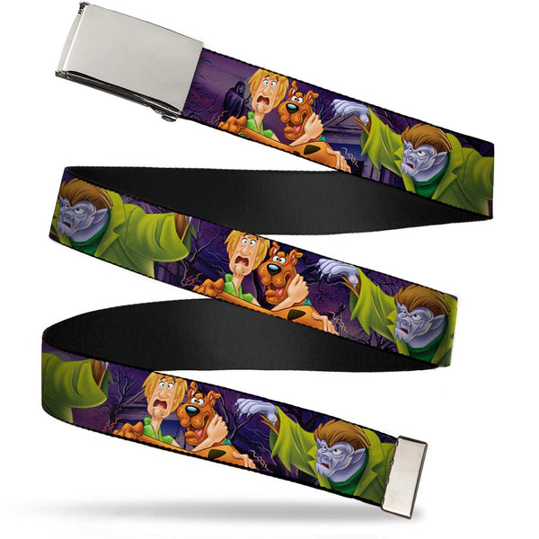 Buckle-Down Chrome Buckle Web Belt - Scooby & Shaggy Hugging W/Werewolf Man Purple Webbing