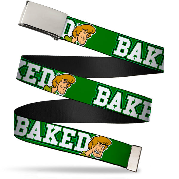Buckle-Down Chrome Buckle Web Belt - Shaggy Poses/BAKED Green/White Webbing