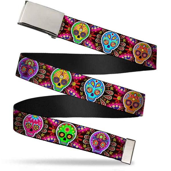 Buckle-Down Chrome Buckle Web Belt - Six Sugar Skulls Multi Color Webbing