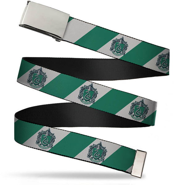 Buckle-Down Chrome Buckle Web Belt - SLYTHERIN Crest Diagonal Stripe Gray/Green Webbing