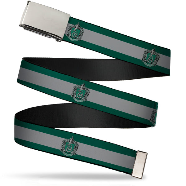 Buckle-Down Chrome Buckle Web Belt - SLYTHERIN Crest/Stripe11 Green/Gray Webbing
