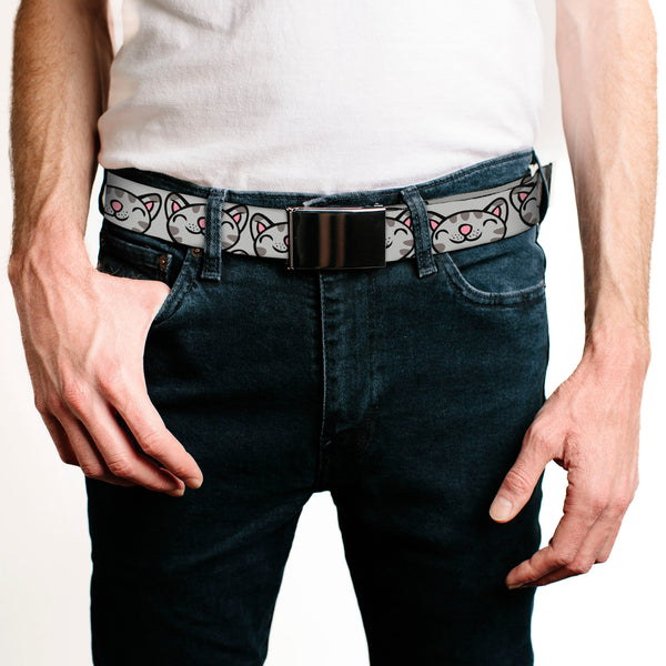 Buckle-Down Chrome Buckle Web Belt - Soft Kitty Face CLOSE-UP Gray Webbing