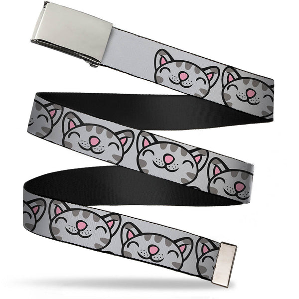 Buckle-Down Chrome Buckle Web Belt - Soft Kitty Face CLOSE-UP Gray Webbing