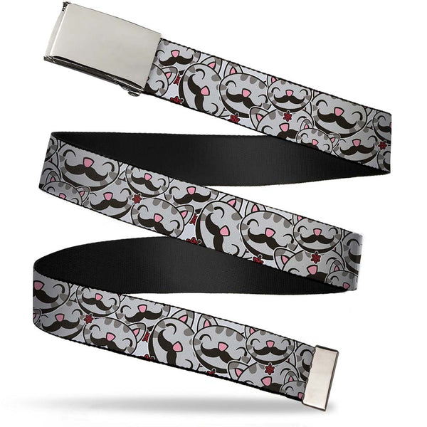 Buckle-Down Chrome Buckle Web Belt - Soft Kitty Mustacho Stacked Webbing