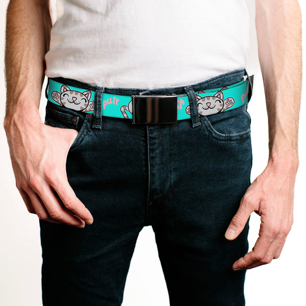 Buckle-Down Chrome Buckle Web Belt - Soft Kitty Poses Pale Turquoise/Pink Webbing