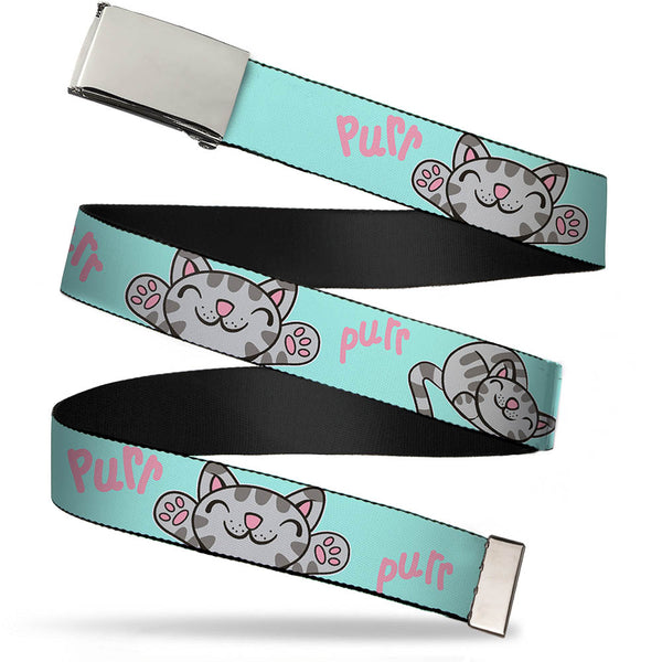 Buckle-Down Chrome Buckle Web Belt - Soft Kitty Poses Pale Turquoise/Pink Webbing