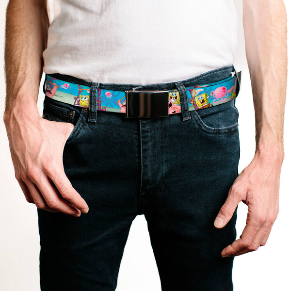 Buckle-Down Chrome Buckle Web Belt - SpongeBob & Patrick Starfish Jellyfishing Scenes Webbing