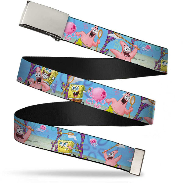 Buckle-Down Chrome Buckle Web Belt - SpongeBob & Patrick Starfish Jellyfishing Scenes Webbing