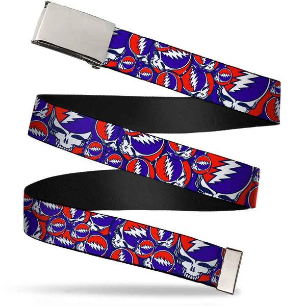 Buckle-Down Chrome Buckle Web Belt - Steal Your Face Stacked Red/White/Blue Webbing