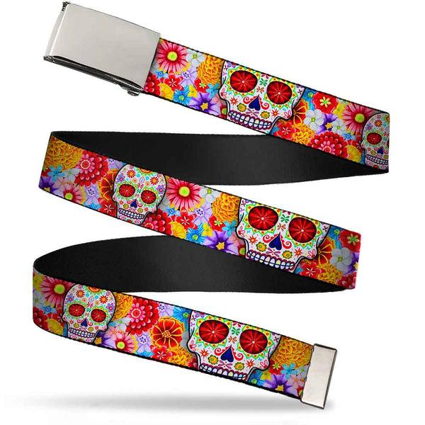 Buckle-Down Chrome Buckle Web Belt - Sugar Skull Starburst White/Multi Color Webbing