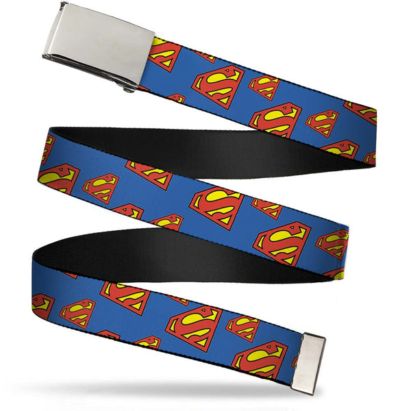 Buckle-Down Chrome Buckle Web Belt - Super Shield Diagonal Royal Blue/Red Webbing