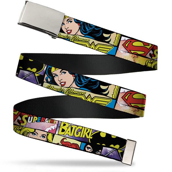 Buckle-Down Chrome Buckle Web Belt - Superheroines Wonder Woman/Supergirl/Batgirl Webbing