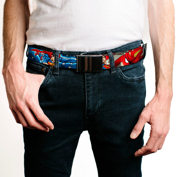 Buckle-Down Chrome Buckle Web Belt - Superman Action Poses/Stars & Stripes Webbing